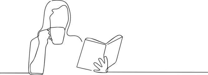 people reading book and eating tea one continuous line art, Vector illustration, One line art, Line art graphic style