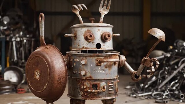 Steampunk kitchen robot chef animation preparing culinary delights with rusty charm and vintage cookware