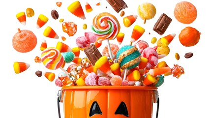 Overflowing halloween bucket with candy corn and assorted sweets on white background