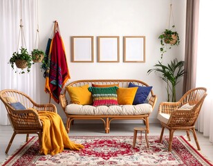 Fame mockup. Bohemian living room scene with woven furniture patterned rug hanging plants and colorful cushions