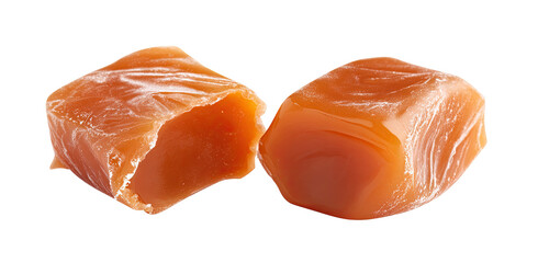 Two caramel candies, roughly square in shape, are displayed against a black background.  The candies are a light orange-brown color with a slightly rough, textured surface. 