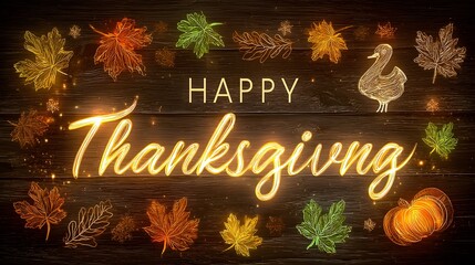 Happy thanksgiving greeting card with autumn leaves and turkey on wooden background