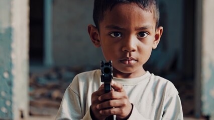 Young boy holding gun. Child holding toy indoors. A man in a casual clothing in serious situation. A young boy with a firearm lifestyle.