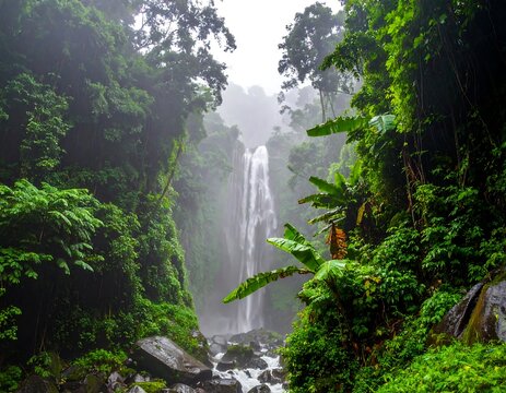 Lush waterfall shrouded in mist