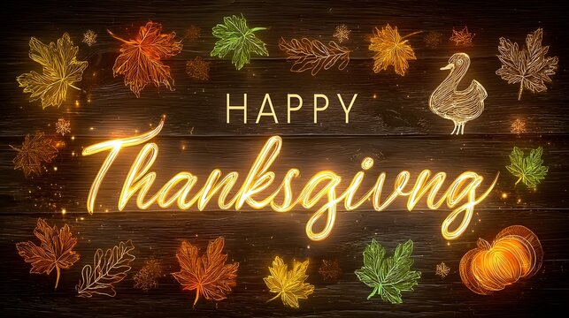 Happy thanksgiving greeting card with autumn leaves and turkey on wooden background