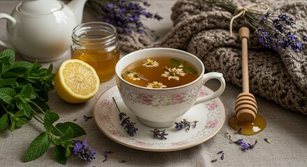 A still life of a tea set, tea, honey, lemon, mint, and lavender.