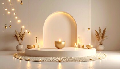 Generated Image: Minimal modern Diwali setup with geometric rangoli design and golden fairy lights.
