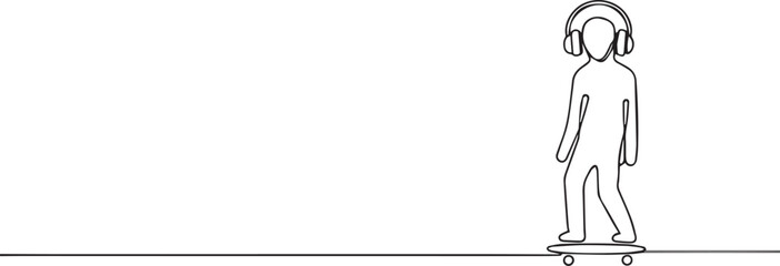 person skateboardin and headphone one continuous line art, Vector illustration, One line art, Line art graphic style