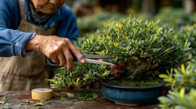 Gardener trimming bonsai tree with scissors in a sunny garden