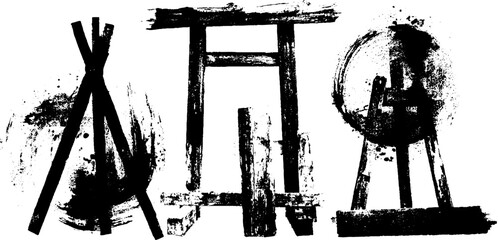 Black ink silhouettes of frame constructions with grunge art elements