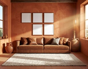 Fame mockup. Earth-toned living room with brown leather sofa, terracotta walls, and blank picture frames