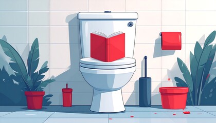 Toilet with book, plants, and supplies