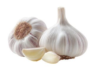 Two whole heads of garlic and cloves.  Close-up, studio shot,  isolated on black background.  White bulbs with pinkish-purple stripes.  Fresh and healthy-looking