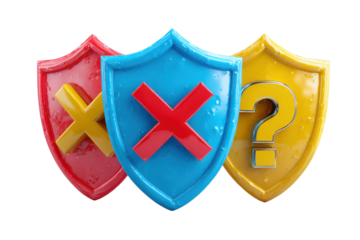 3D shield blue check mark, red X, yellow question mark icon symbol transparent PNG set bundle, isolated background. Anti virus, cyber security, protection, web, internet safety
