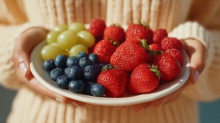 Woman holding a plate of fresh strawberries, blueberries and grapes