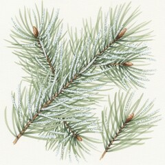 Closeup watercolor illustration of pine branches with light frost