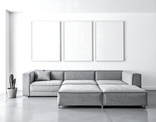 Fame mockup. Minimalist living room with gray modular sofa blank framed art and potted cactus against white walls and concrete floor