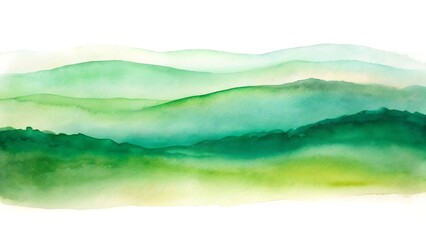 Abstract watercolor landscape with layers of green and yellow mist and fog creating a serene and tranquil natural scene