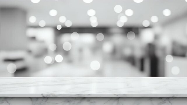 White marble countertop with a blurred gray background featuring numerous circular bokeh lights