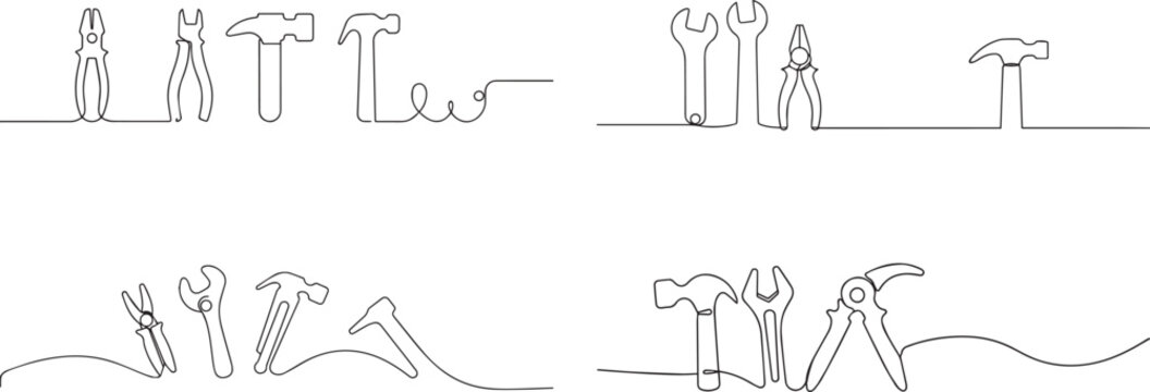 Set of Mechanical tool kit one continuous line art, Vector illustration, One line art, Line art graphic style