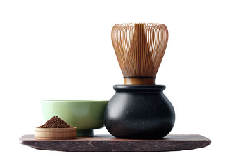 Wooden tray holds matcha tools; whisk, bowl, and small container of matcha powder