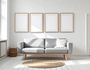 Fame mockup. Scandinavian living room with gray sofa four blank picture frames and round jute rug