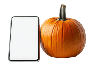 White screen smartphone next to a large orange pumpkin png