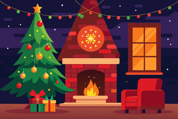 Cozy christmas scene with fireplace and decorated tree