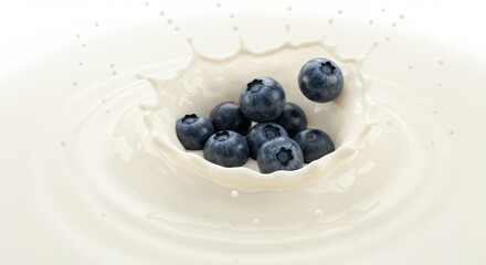 Fresh blueberries falling into splashing creamy milk for a delicious and healthy breakfast smoothie ingredient