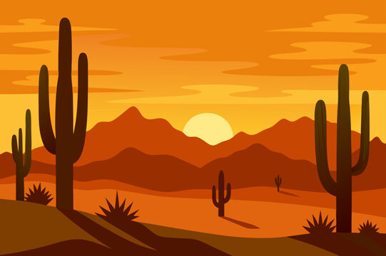 Vibrant desert sunset with silhouetted cacti and mountains