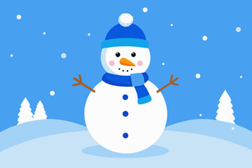 Fototapeta premium Cute snowman wearing a blue hat and scarf in a snowy landscape