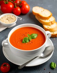 Tomato soup in a bowl with bread