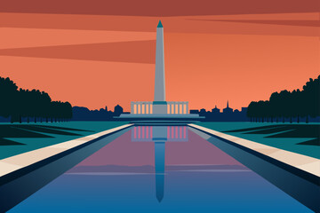 Washington monument and reflecting pool at sunset