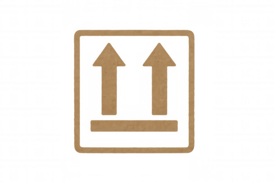 Shipping label with upward arrows and horizontal bar signaling package orientation, displayed on clear background marking correct handling direction