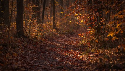 Obraz premium Golden autumn forest with colorful leaves and sunlight on the woodland path