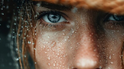 Woman with wet face and hair showing intense gaze