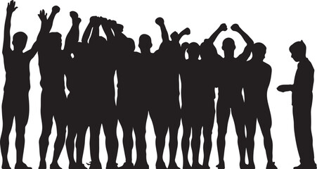 Group of people with arms raised in celebration and one person standing apart silhouette