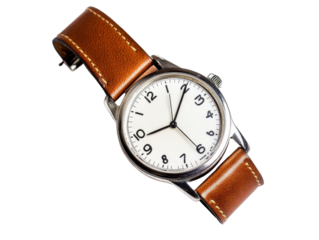 Classic analog men's wrist watch with brown leather strap png