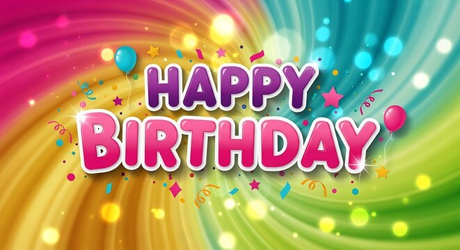 A vibrant, celebratory design conveys a happy birthday message with bold, 3D-style lettering, set against a swirling, multicolored background filled with confetti, balloons, and sparkling highlights.