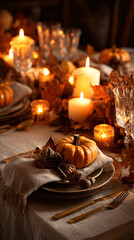 Autumn-Themed Table Setting with Pumpkins and Candles