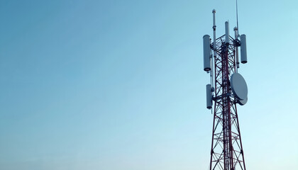 Telecommunication tower for 5G, 4G network transmission. Industrial steel structure holds radio antennae, satellite dish against clear blue sky. Modern infrastructure for mobile internet, wireless