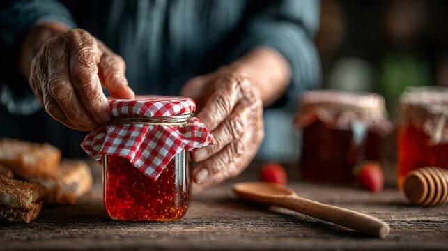 Elderly woman preparing homemade strawberry jam