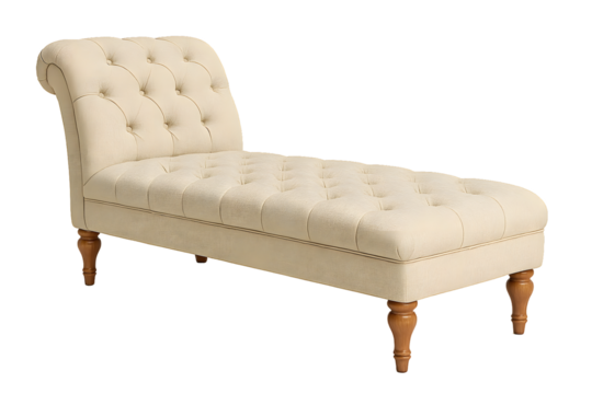 Elegant tufted cream chaise lounge with wooden legs
