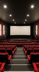 An empty  theater auditorium, showcasing a large white projection screen and rows of red seats arranged in a tiered seating configuration.