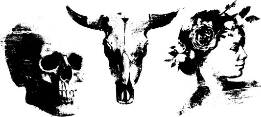 Grunge skull silhouettes and woman in ink for urban art design