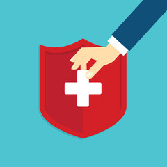 Obraz premium Medical healthcare insurance. Red shield on patient protection policy and pen. Medicine symbol. Vector illustration