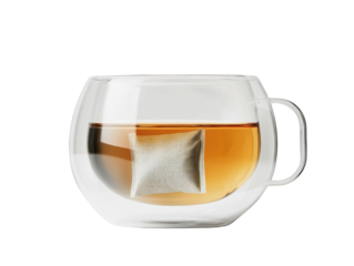 Glass cup with a teabag and hot tea png