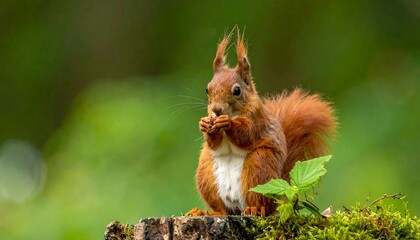 Red squirrel eating on a mossy tree stump in a lush green forest environment.
