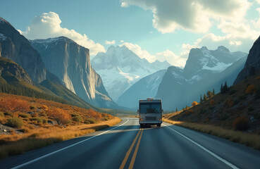 RV travels on scenic road through majestic mountain landscape with autumn foliage. Sunlight illuminates snow-capped peaks, dramatic cliffs. Adventure, exploration, solitude define summer journey.