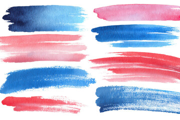 Fototapeta premium Blue red watercolor paint brush stroke line transparent PNG set bundle, isolated background. Creative brushes pattern art shape design